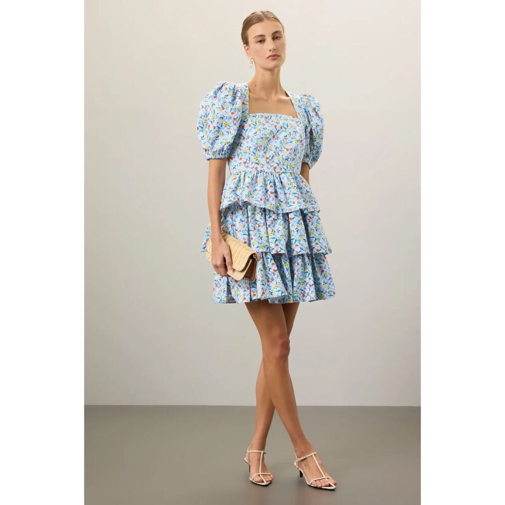 Hunter Bell Porter Tiered Mini Dress in Blue Floral Checkered Size 8
